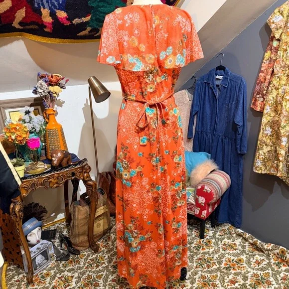 Vintage 70s Coral Orange Floral Maxi Dress Ruffle Flutter Sleeve Boho Size 10 - Picture 4 of 9
